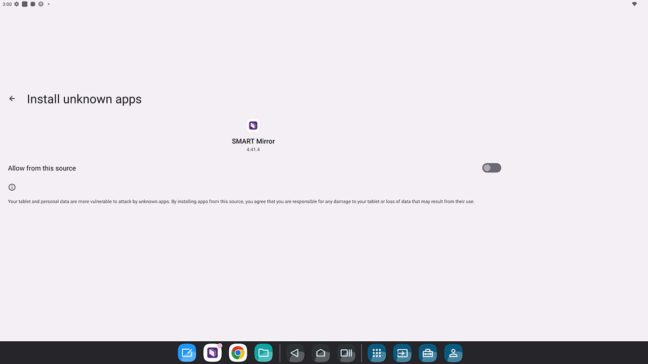SMART Mirror install settings showing 'Allow from this source' option turned off on Android.