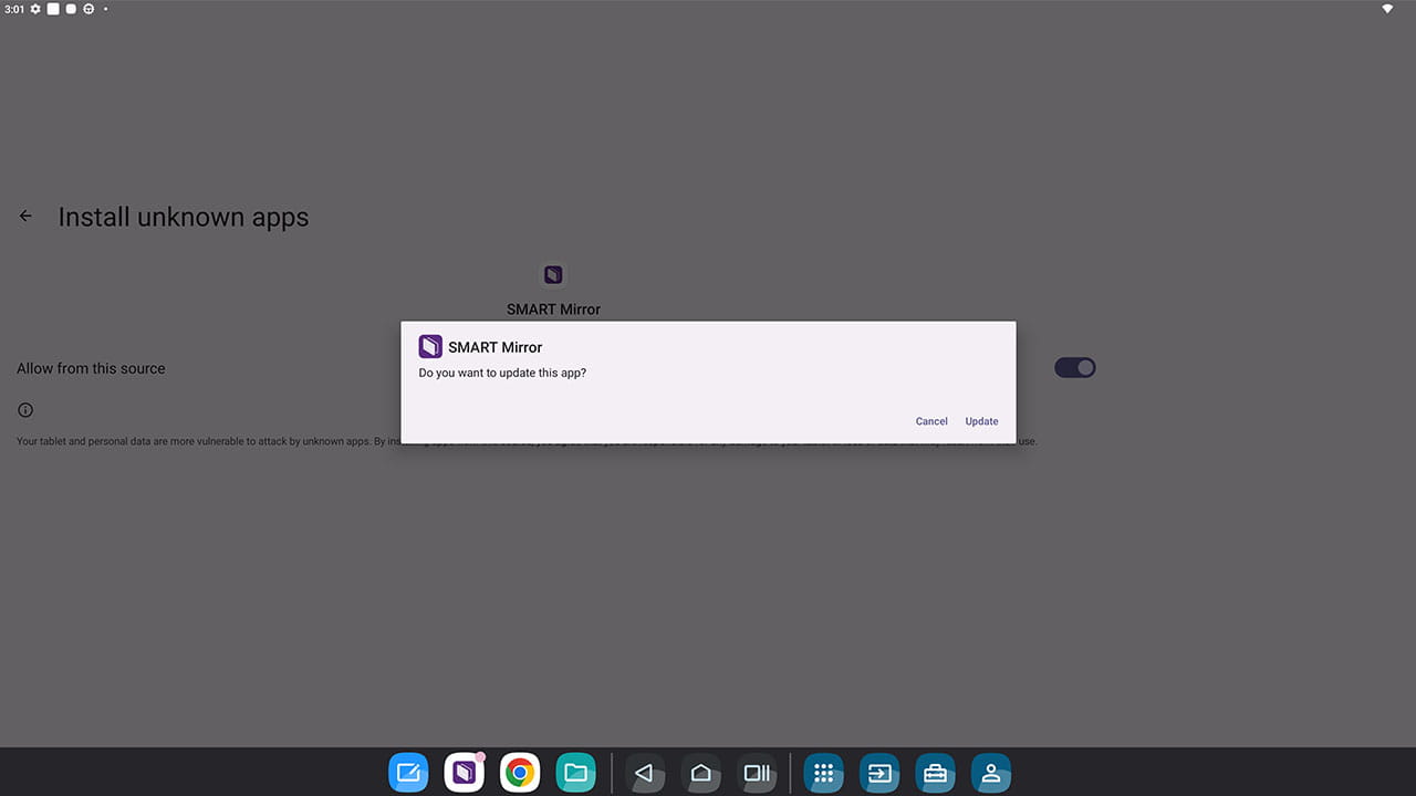 Dialog box prompting user to allow SMART Mirror app update